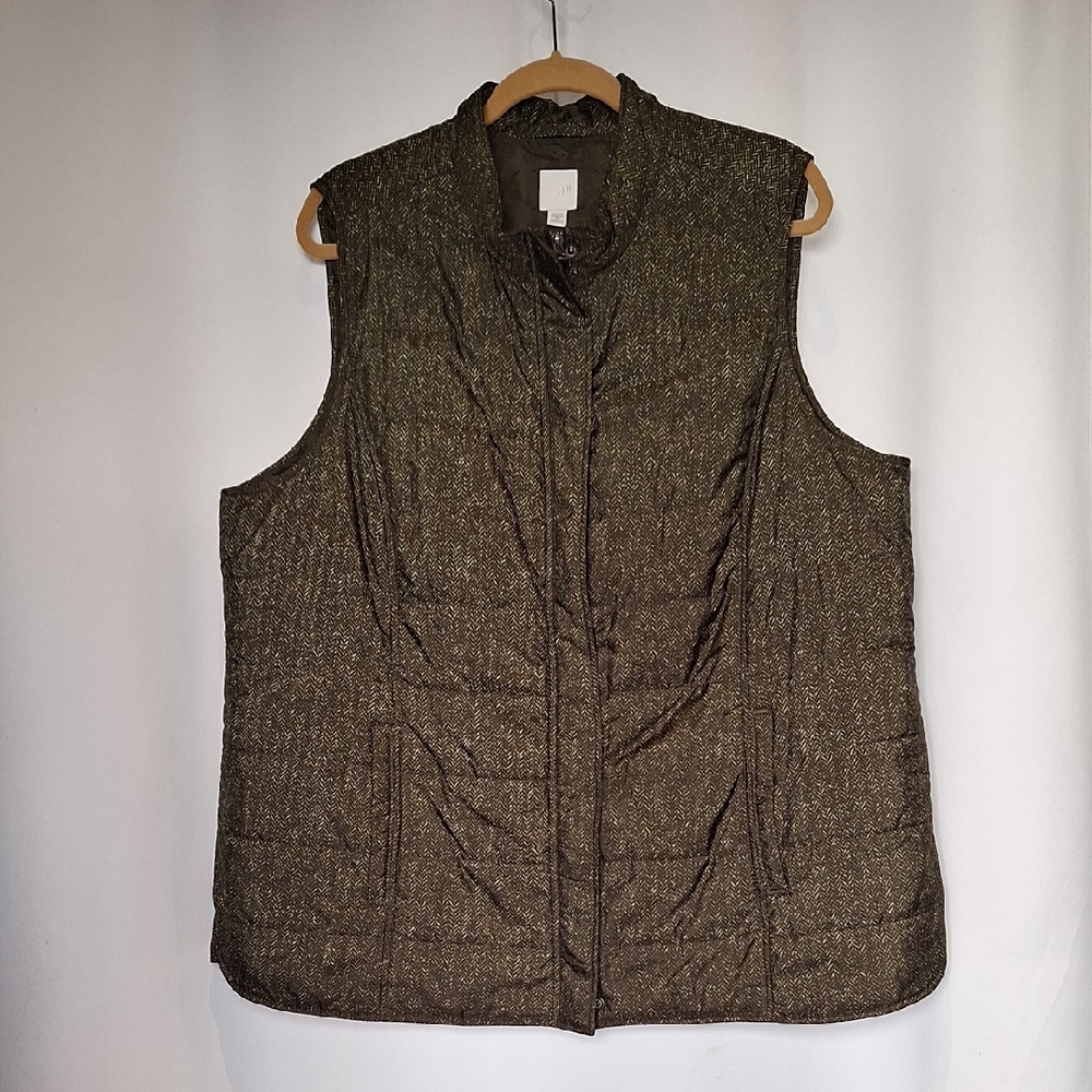 J. Jill Quilted Tweed-Look Puffer Vest in Olive Brown